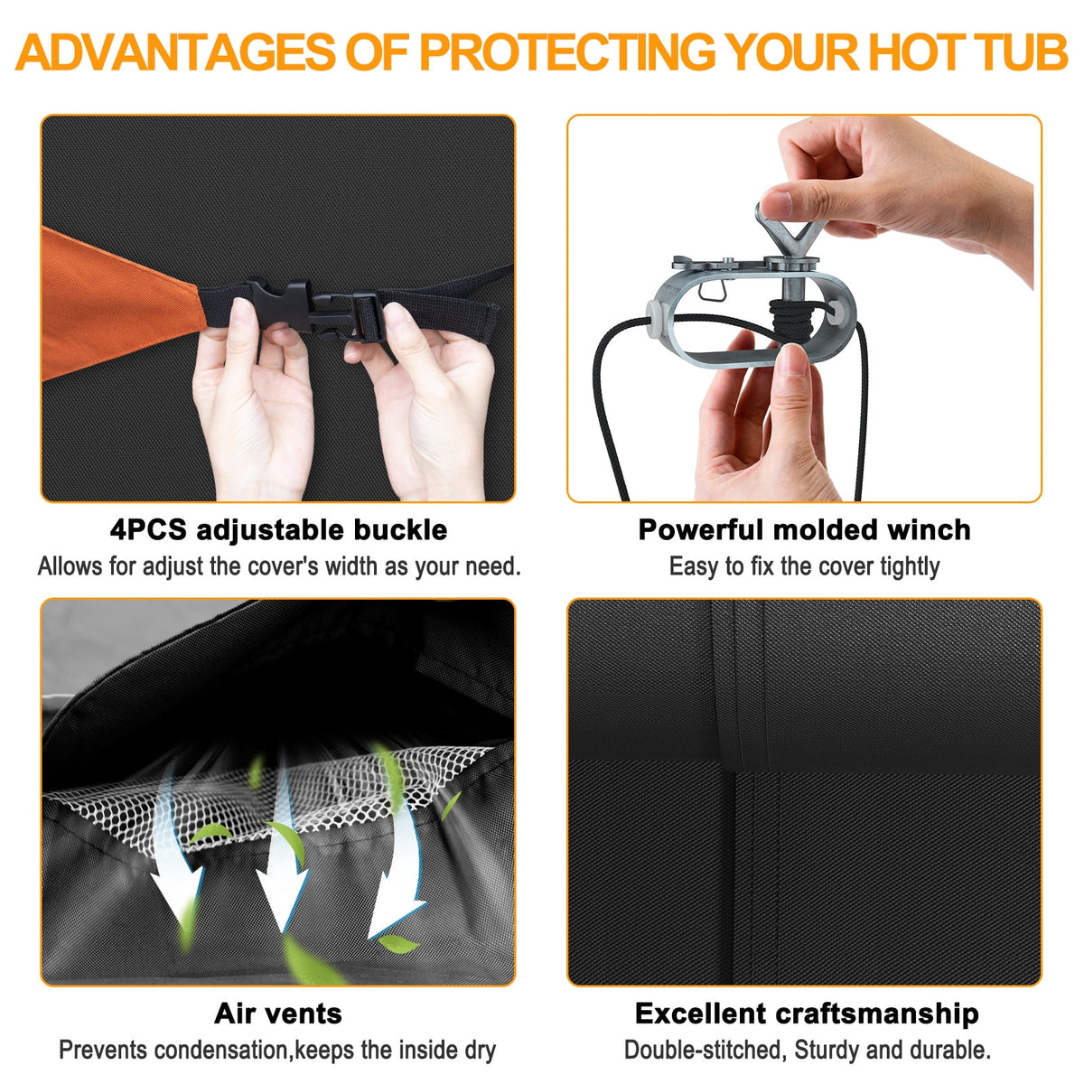 Outdoor SPA Hot Tub Cover Waterproof Square, 600D Heavy Duty Hot Tub Cover Protector with UV Protection, Spa Cover Cap 95" x 95" x 20", Black