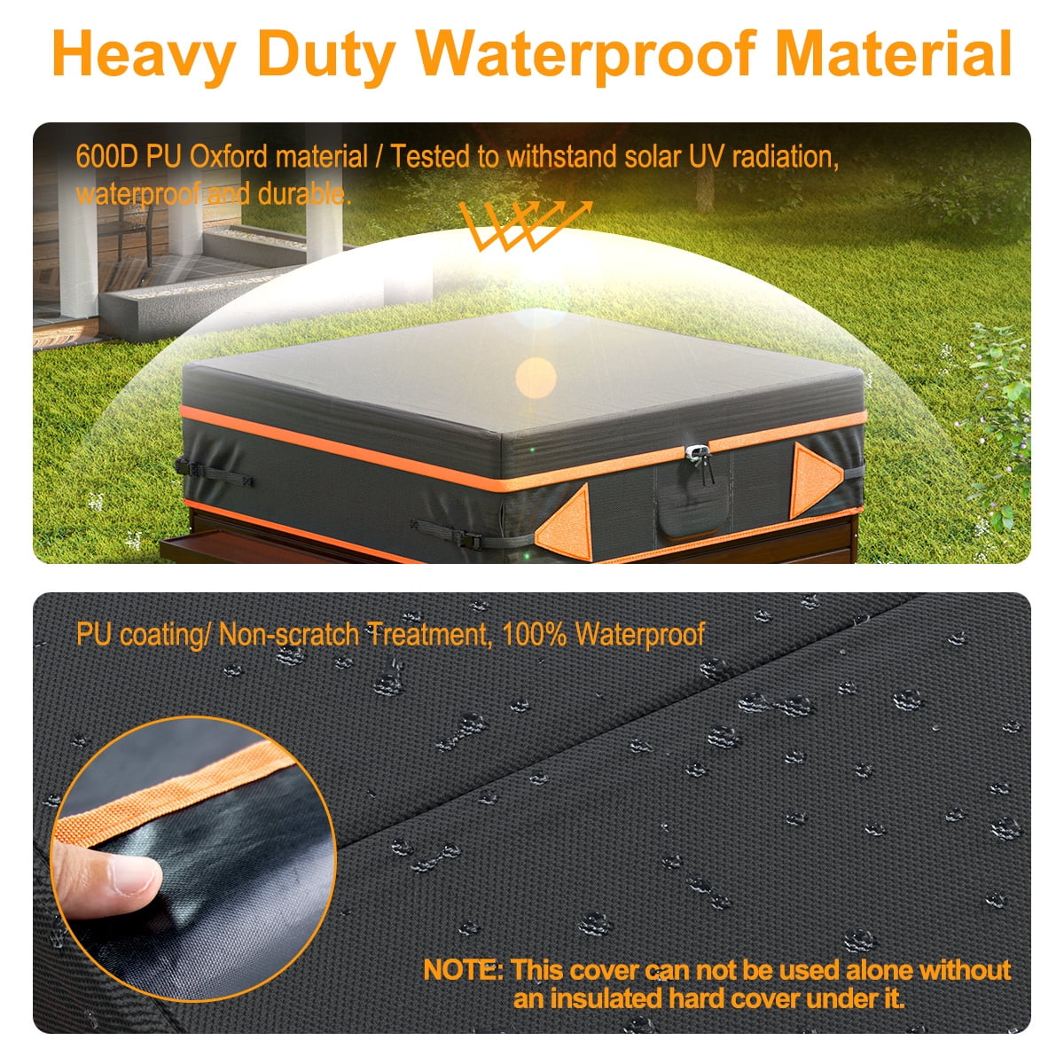 Outdoor SPA Hot Tub Cover Waterproof Square, 600D Heavy Duty Hot Tub Cover Protector with UV Protection, Spa Cover Cap 76" x 76" x 20", Black