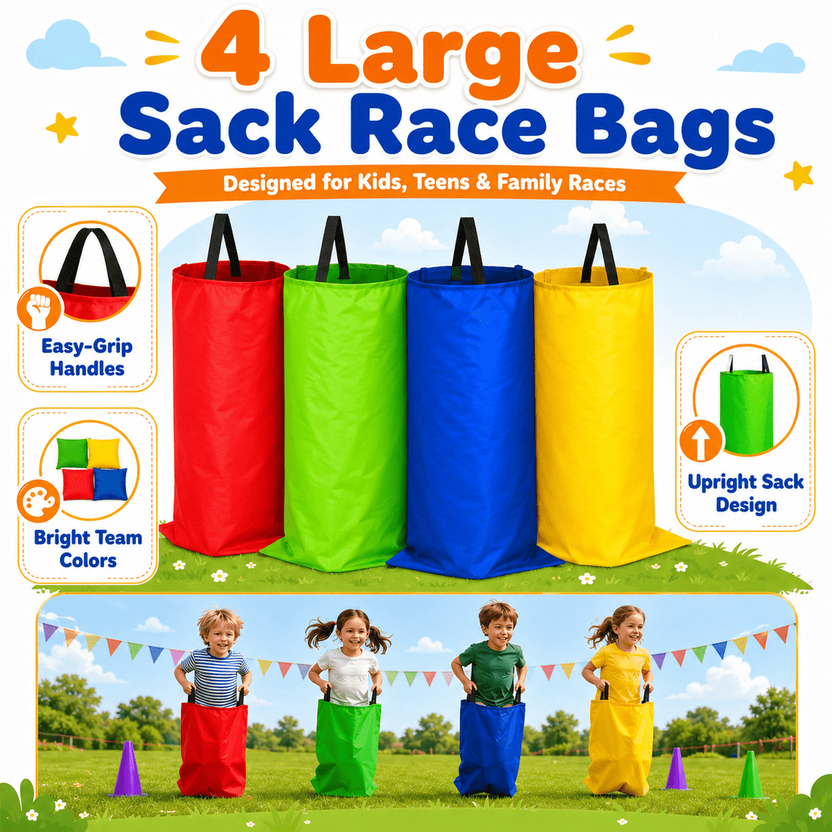 Hxfou 64PCS Outdoor Games Set for Kids, Sack Race Bags, Egg and Spoon Race, Bean Bag Toss, Ring Toss, Cones, Medals, Backyard Field Day Games