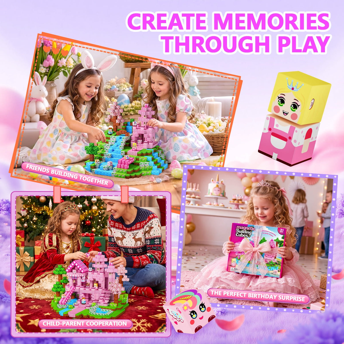 HXFOU 100PCS Pink Castle Magnetic Blocks for Kids Ages 3-12, Magnetic Building Cubes Set, Strong Magnet Building Blocks,  STEM Magnetic Toys for Girls