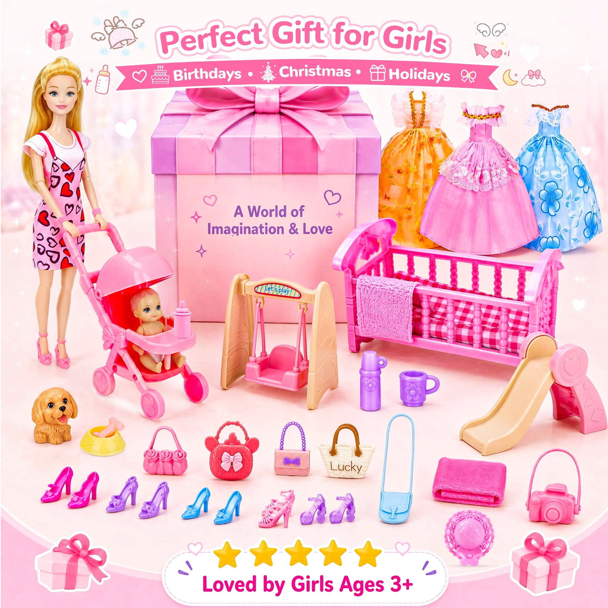 LXUNLN 96PCS Doll Family Playset with Baby, Stroller, Crib & Doll Clothes for Girls ages 3+