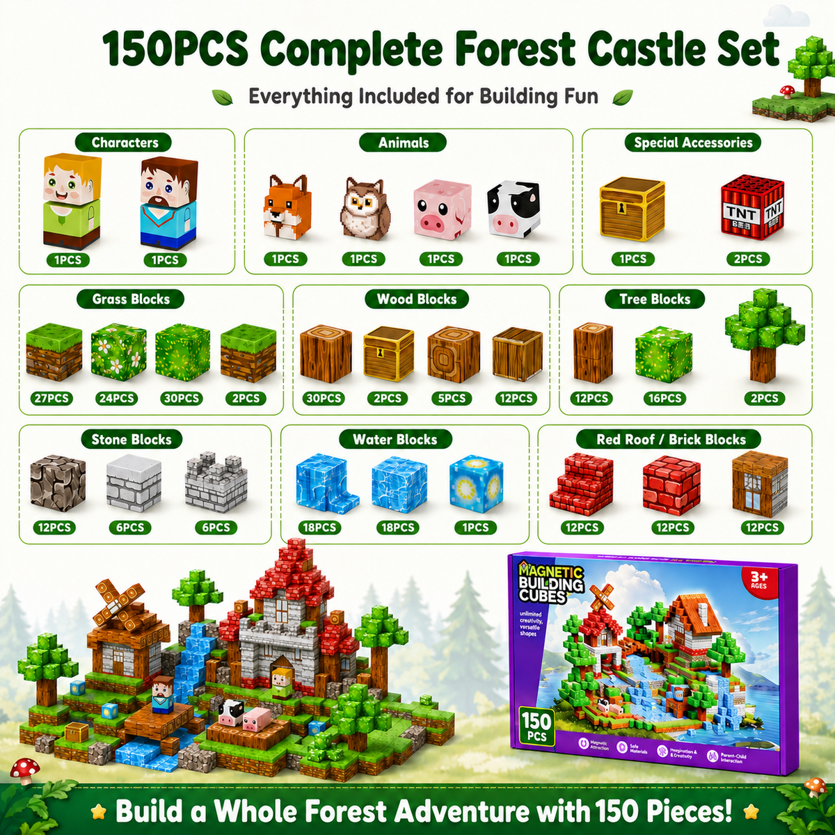 HXFOU 150PCS Forest Castle Magnetic Blocks , Magnetic Building Cubes Set with Strong Magnets, STEAM Building Blocks Toy Set with Forest Theme for Kids