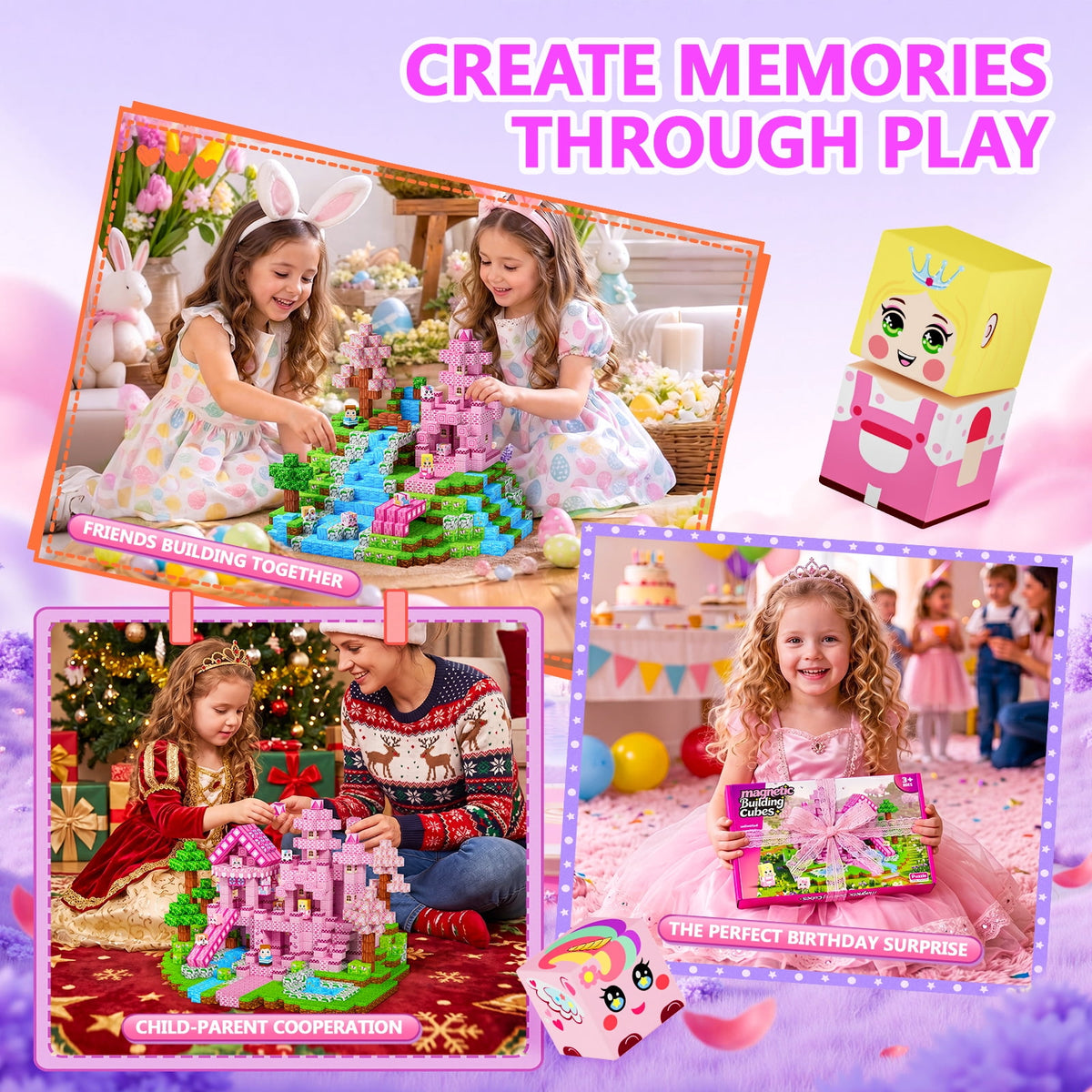 HXFOU 150PCS Pink Castle Magnetic Building Blocks for Kids, STEM Magnetic Cubes Blocks Toyfor Kids Ages 3+