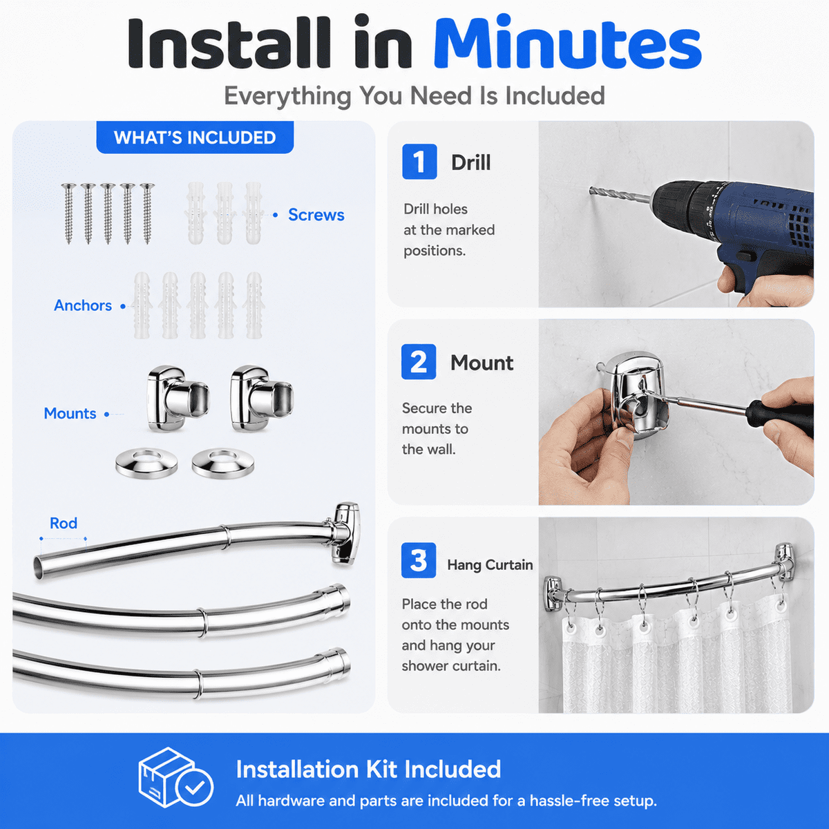 Sicabi Curved Shower Curtain Rod, 45-72" Adjustable Rustproof Steel Tension Rod,Drill Required, Silver