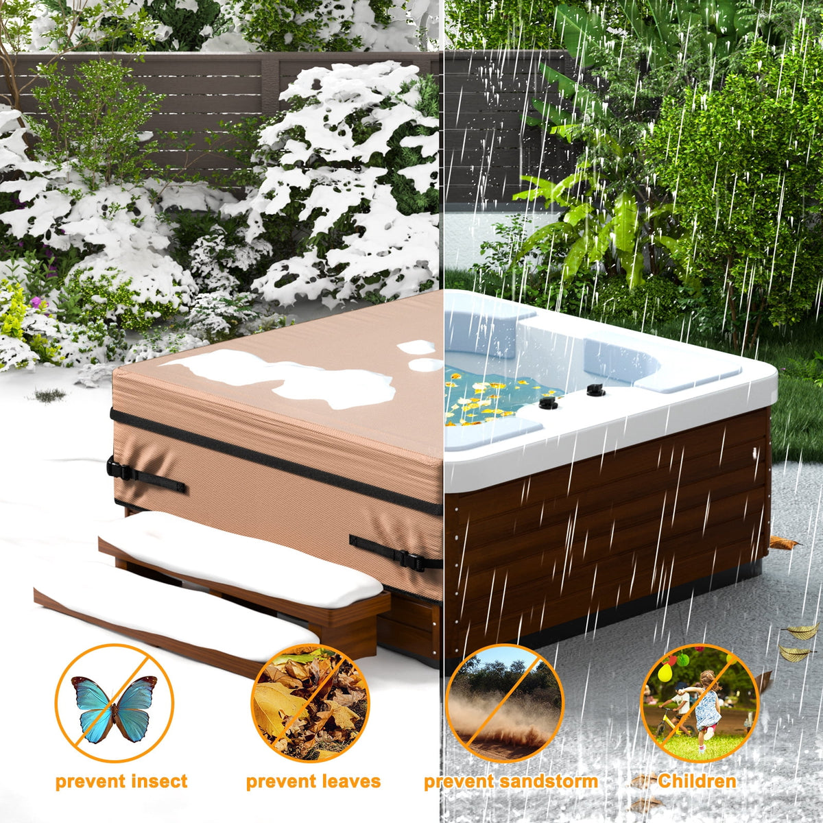 Outdoor SPA Hot Tub Cover Waterproof Square, 600D Heavy Duty Hot Tub Cover Protector with UV Protection, Spa Cover Cap 95" x 95" x 20", Beige