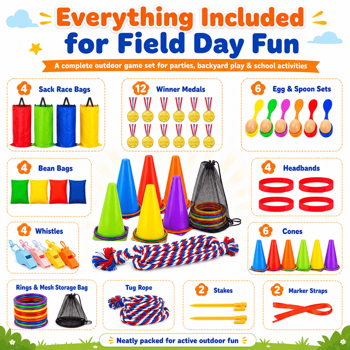 Hxfou 64PCS Outdoor Games Set for Kids, Sack Race Bags, Egg and Spoon Race, Bean Bag Toss, Ring Toss, Cones, Medals, Backyard Field Day Games
