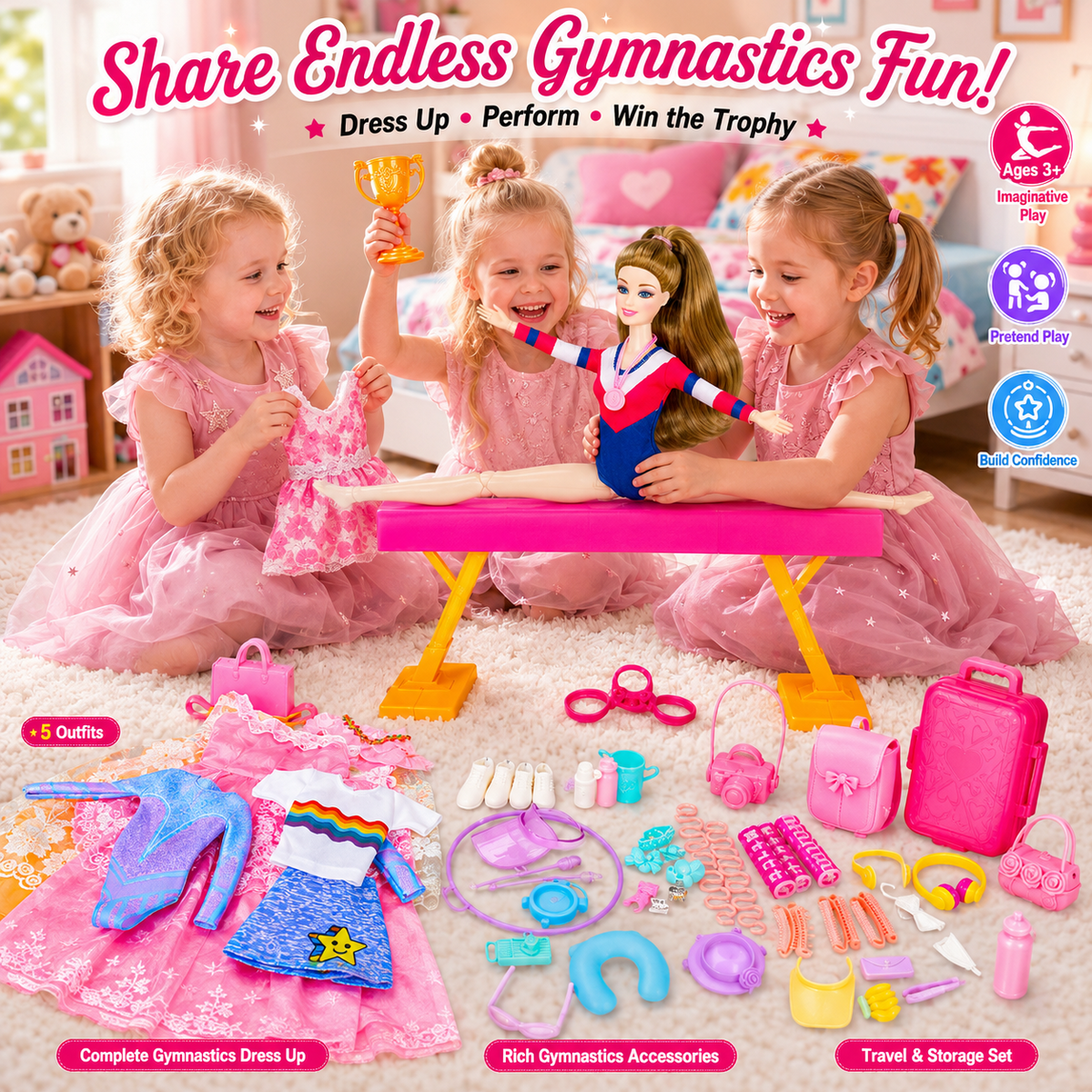 LXUNLN 259PCS Gymnastics Doll Playset with Clothes & Accessories for Girls Ages 3+