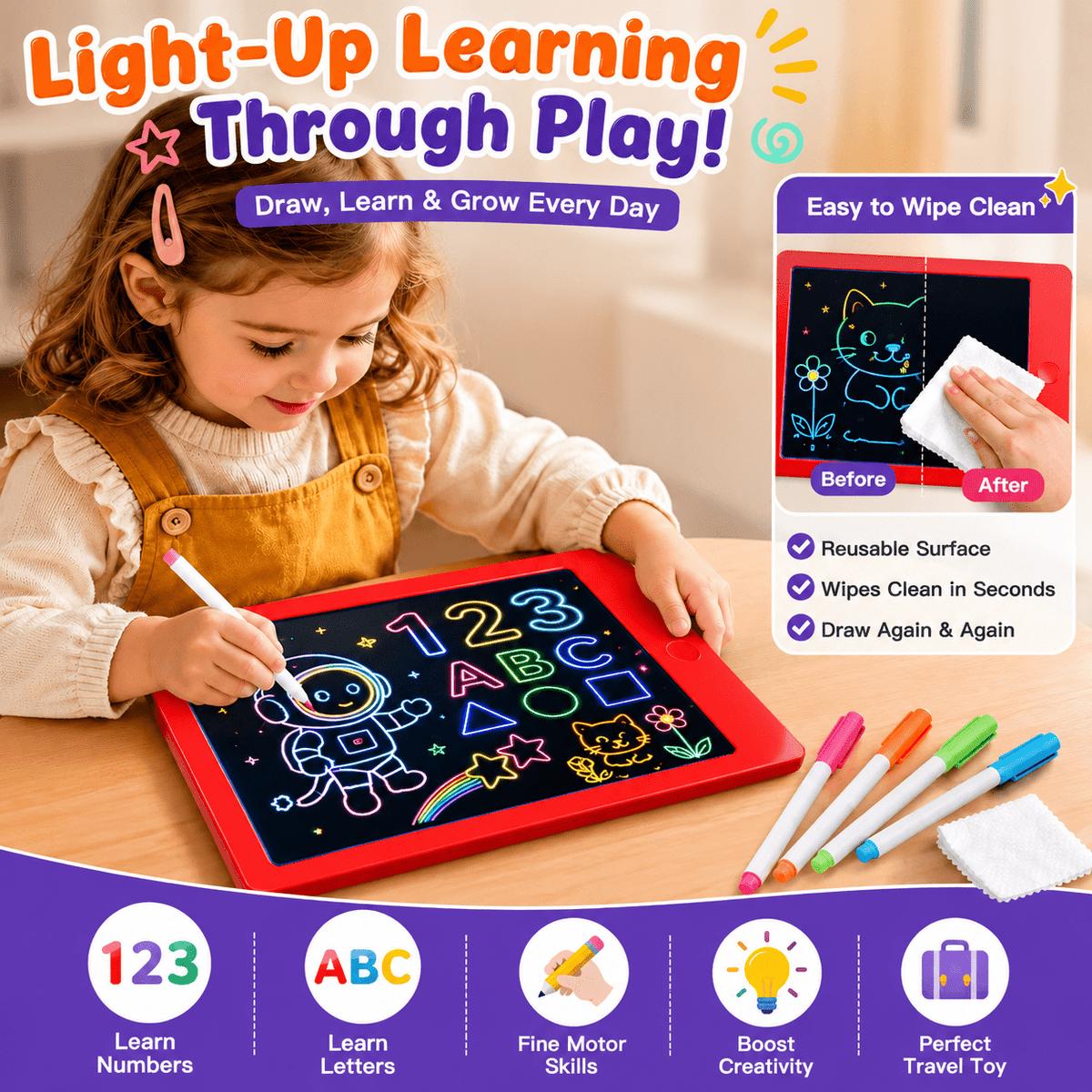 HXFOU LCD Writing Tablet for Kids Ages 3-9, Doodle Board with 4 Neon Markers & Stencils, Writing Tablets for Kids Ages 3-9, Travel Toys for Kids Ages 3 4 5 6 7 8, Portable Drawing Pad for Boys Girls