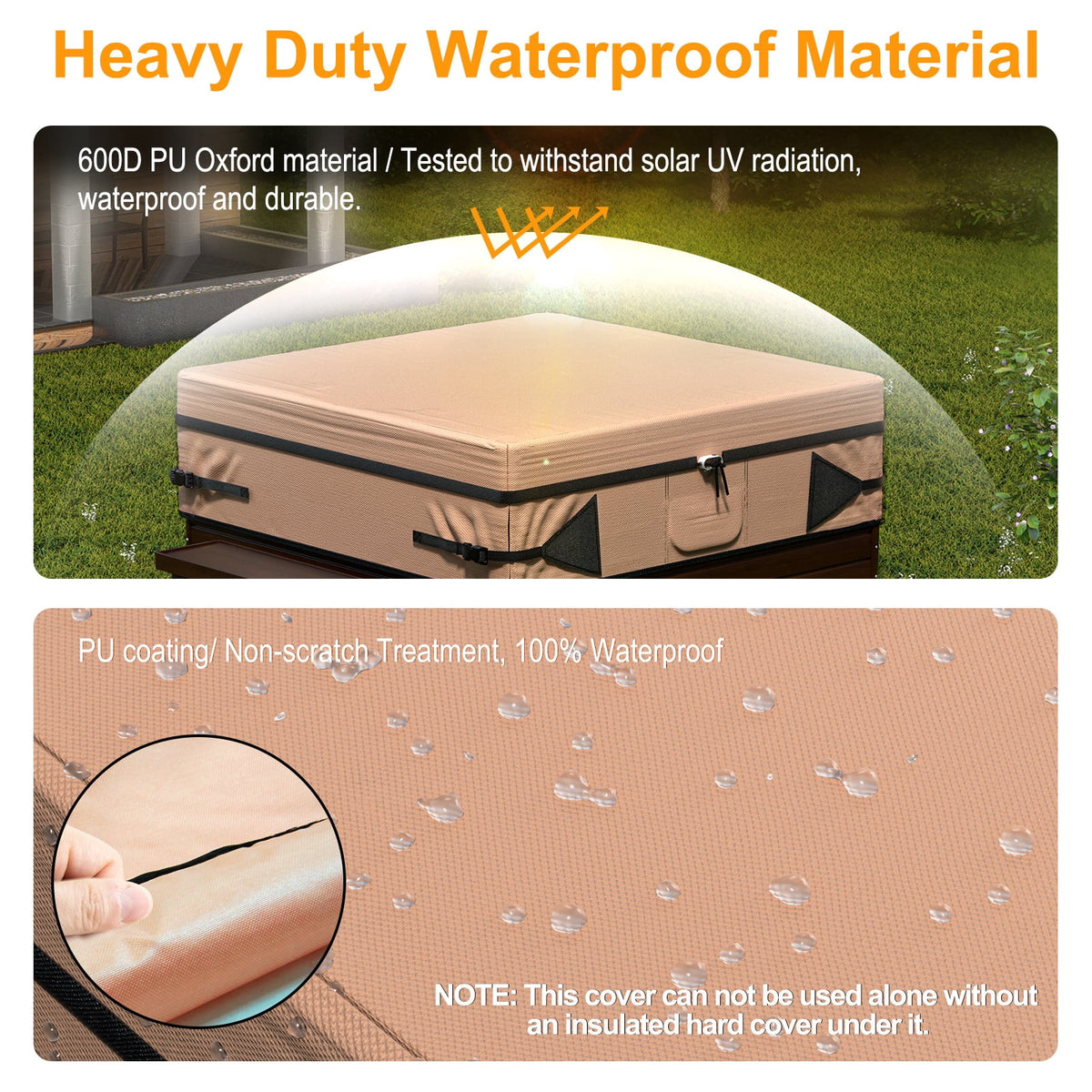 Outdoor SPA Hot Tub Cover Waterproof Square, 600D Heavy Duty Hot Tub Cover Protector with UV Protection, Spa Cover Cap 95" x 95" x 20", Beige