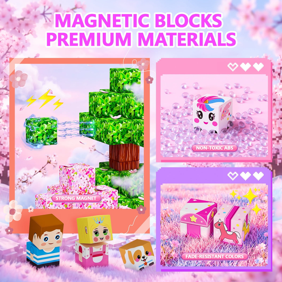 HXFOU 100PCS Pink Castle Magnetic Blocks for Kids Ages 3-12, Magnetic Building Cubes Set, Strong Magnet Building Blocks,  STEM Magnetic Toys for Girls