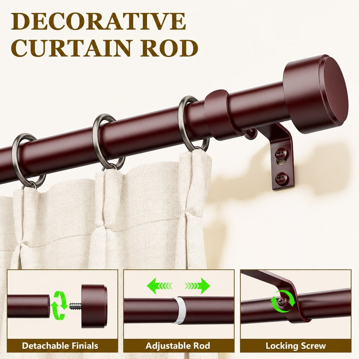 2 Pack Heavy Duty Adjustable Curtain Rods for Windows, 1-Inch Diameter Curtain Rod, 32-96 Inches (Brown)