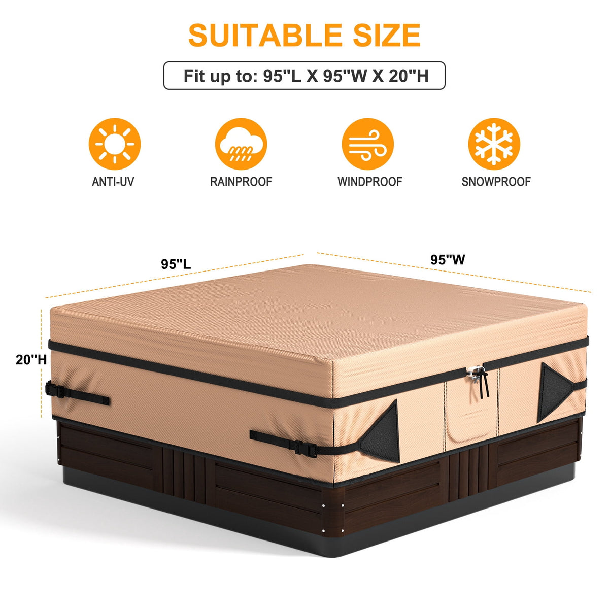 Outdoor SPA Hot Tub Cover Waterproof Square, 600D Heavy Duty Hot Tub Cover Protector with UV Protection, Spa Cover Cap 95" x 95" x 20", Beige