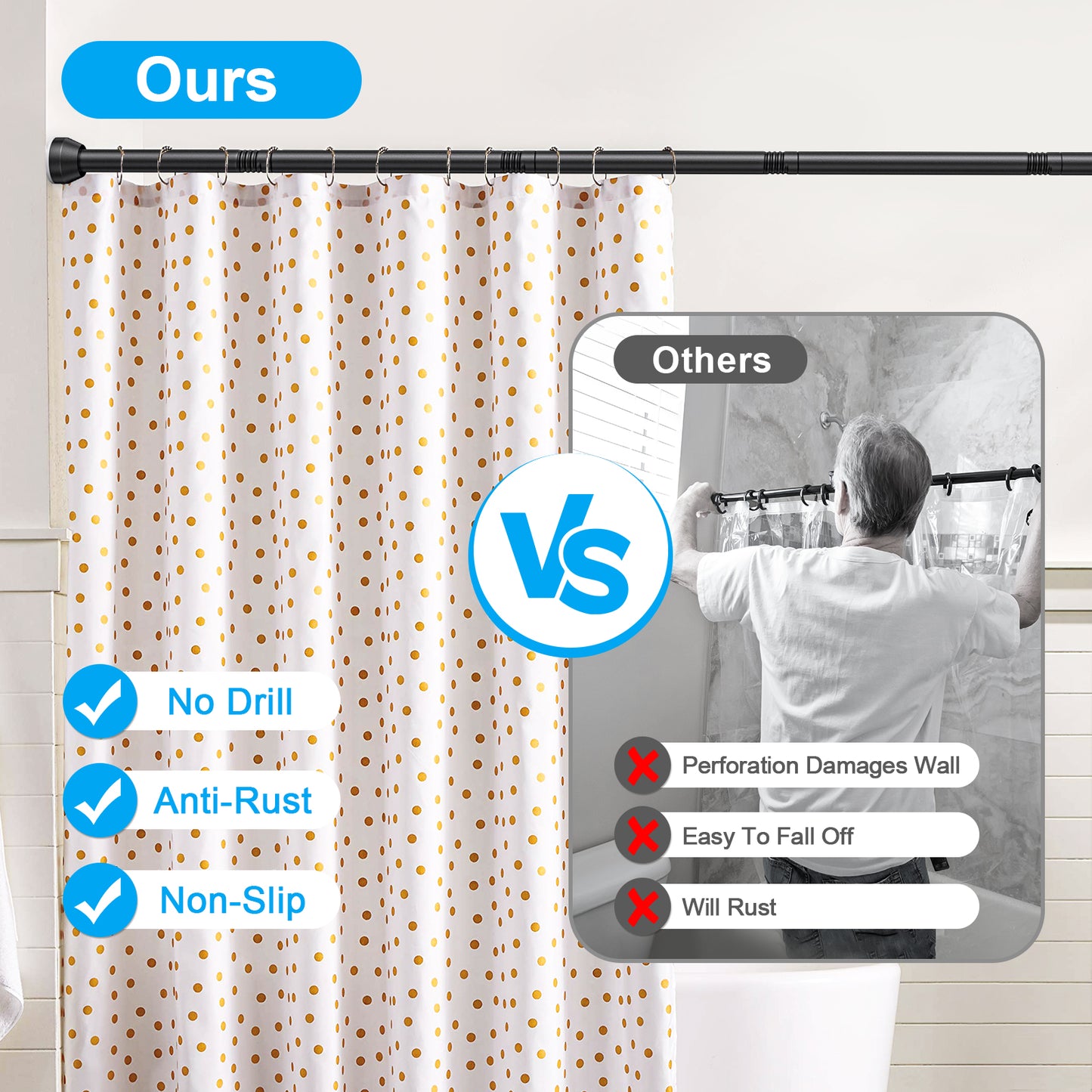TITGIPE No hole telescopic shower curtain rod | 32-80 inches adjustable anti-skid spring rod | stainless steel rust resistance design | bathroom upgrade artifact no hole telescopic bath curtain rod