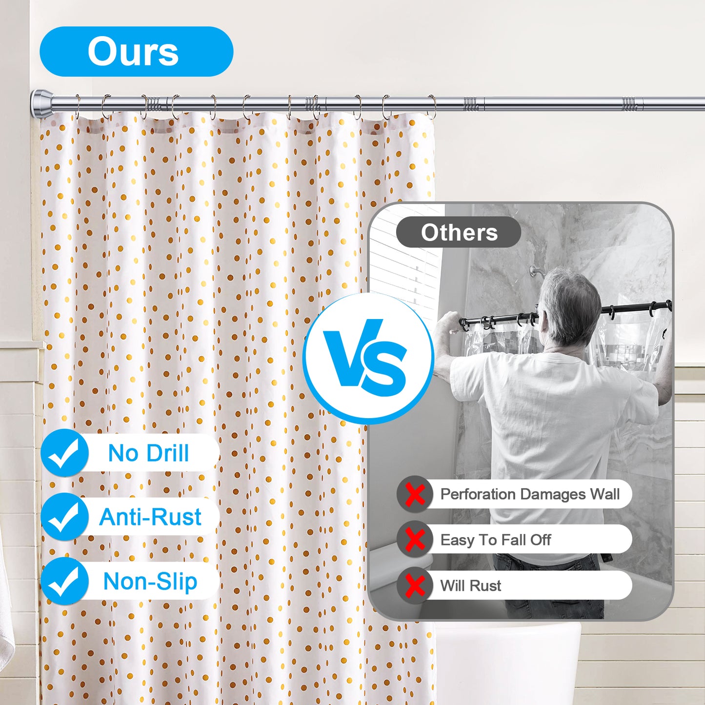 TITGIPE No hole telescopic shower curtain rod | 27-76 inches adjustable anti-skid spring rod | stainless steel rust resistance design | bathroom upgrade artifact no hole telescopic bath curtain rod