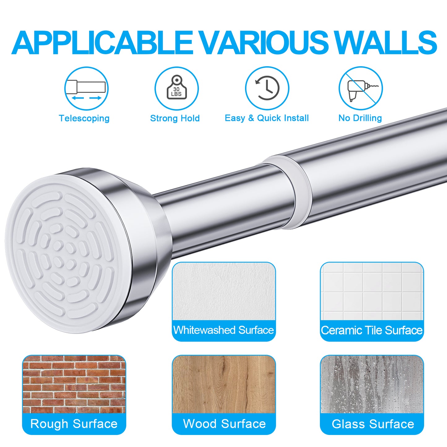 TITGIPE No hole telescopic shower curtain rod | 27-76 inches adjustable anti-skid spring rod | stainless steel rust resistance design | bathroom upgrade artifact no hole telescopic bath curtain rod