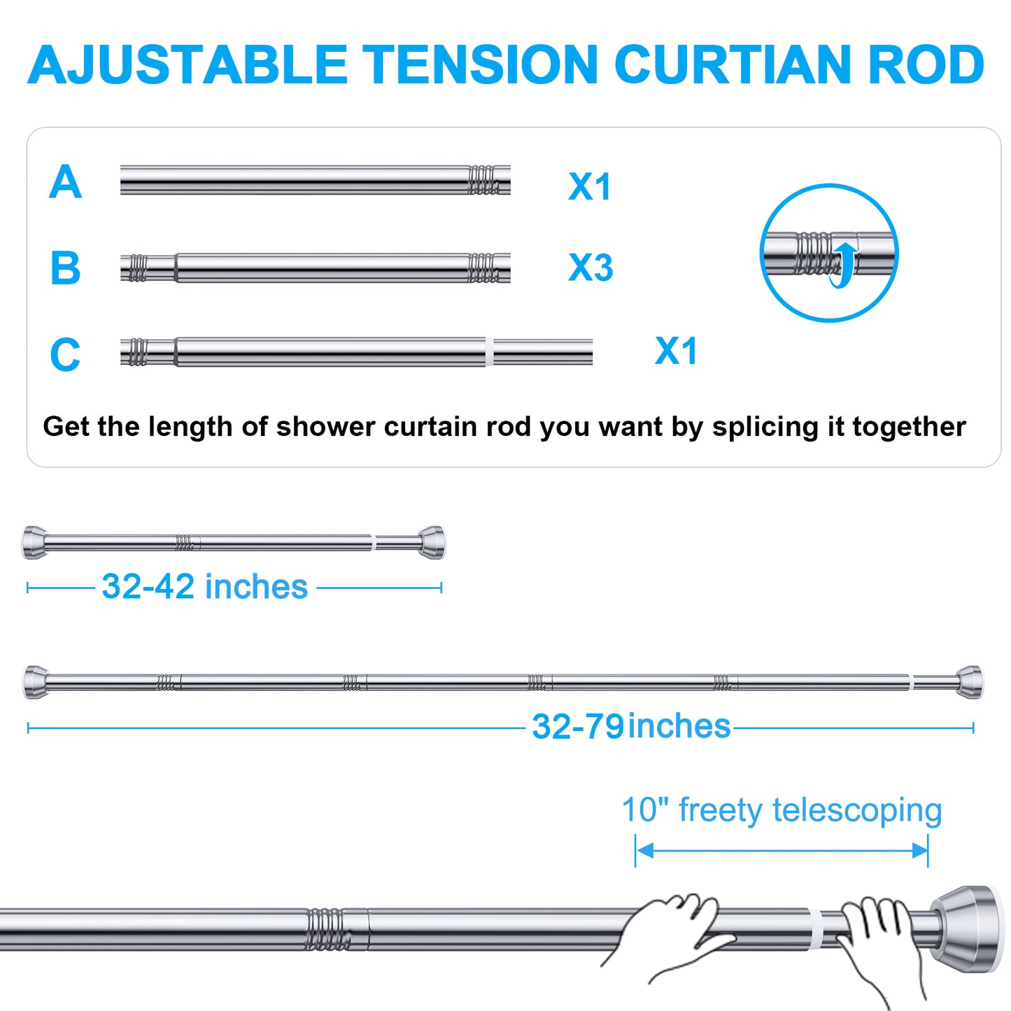 TITGIPE No hole telescopic shower curtain rod | 27-76 inches adjustable anti-skid spring rod | stainless steel rust resistance design | bathroom upgrade artifact no hole telescopic bath curtain rod